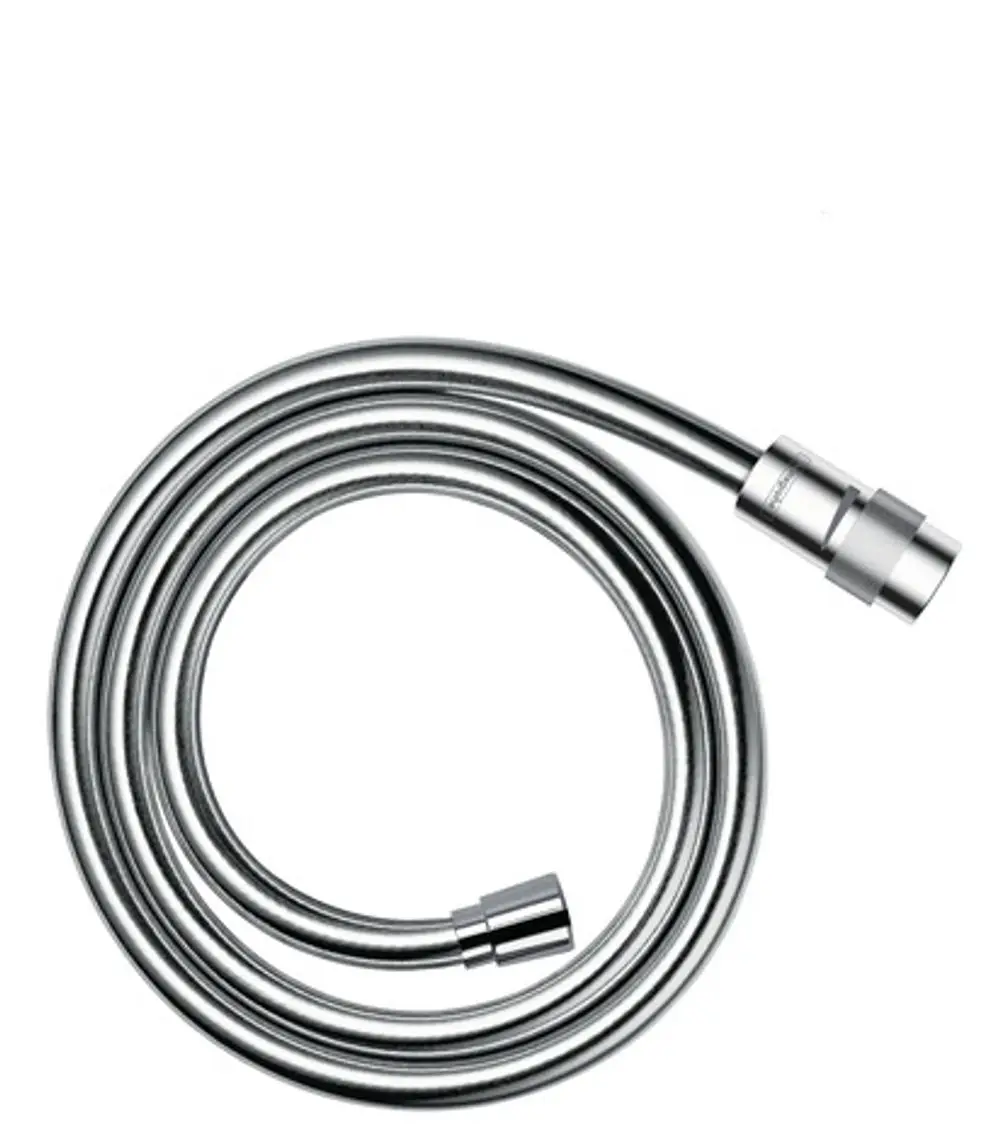 Hansgrohe Brauseschlauch in Chrom mit sichtbarem, flexiblem Design, aufgerollt, zwei Anschlussöffnungen an den Enden.